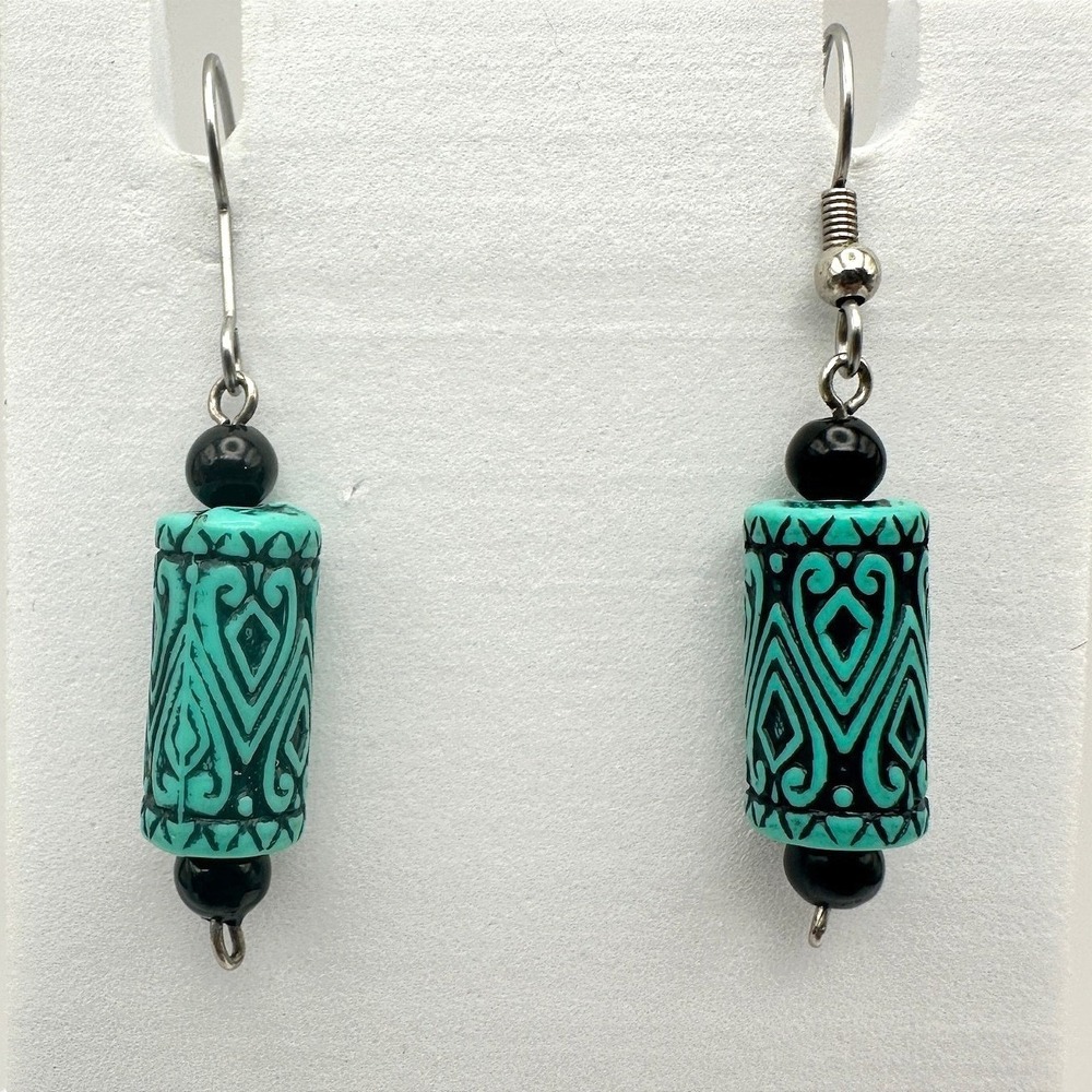 Vintage 90s Boho Teal‎ Cylinder Drop Earrings Black Accents Tribal Pattern Retro